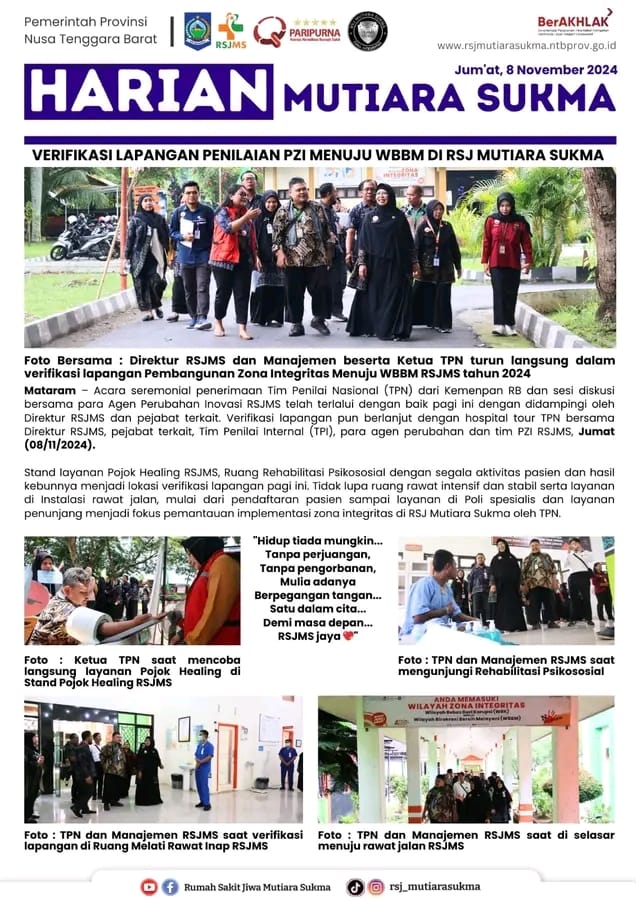 VERIFIKASI LAPANGAN PENILAIAN PZI MENUJU WBBM DI RSJ MUTIARA SUKMA